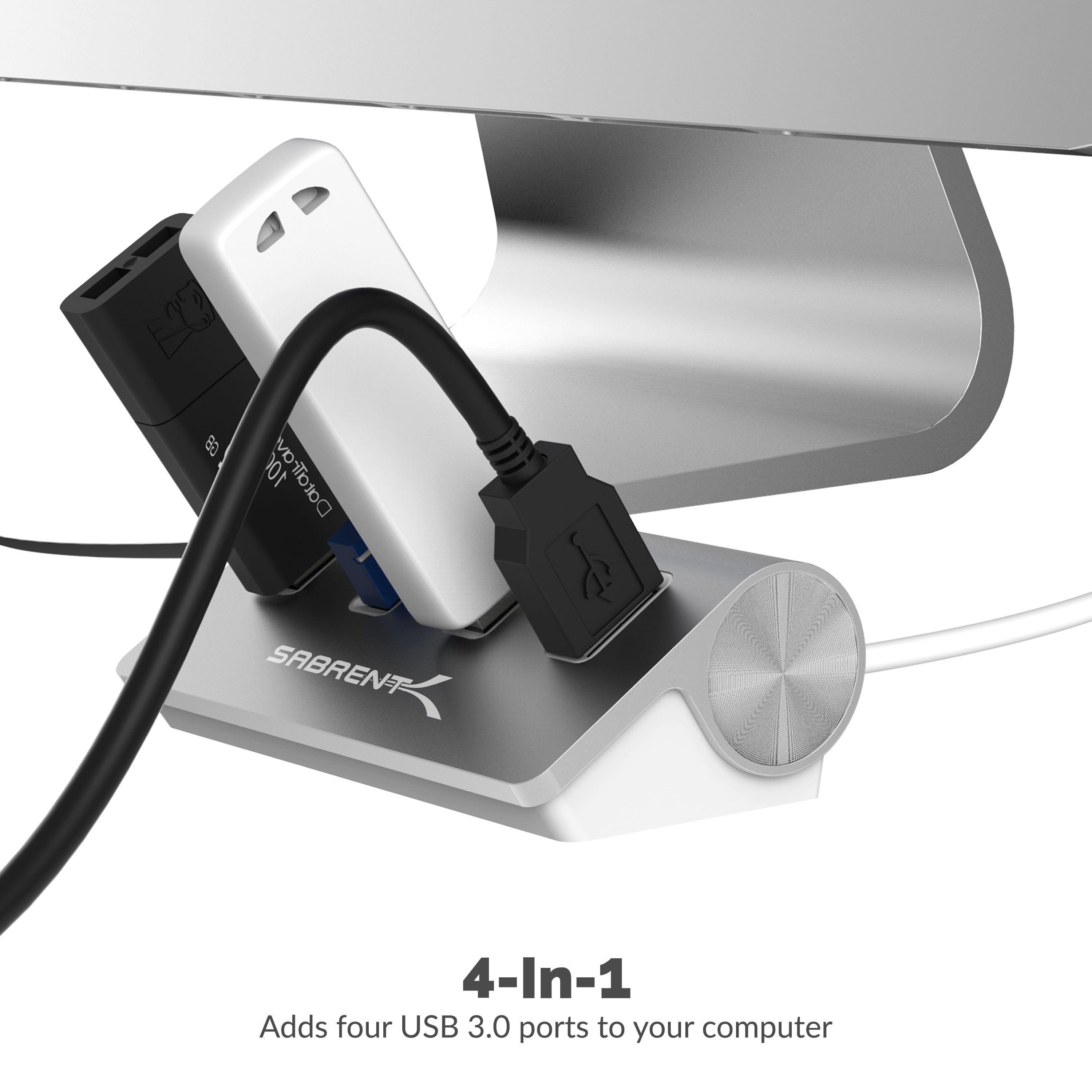 Premium 4 Port Aluminum USB 3.0 Hub (30" Cable) for iMac, MacBook, MacBook Pro, MacBook Air, Mac Mini, or Any PC [Silver] 5V/4A Power Adapter Included