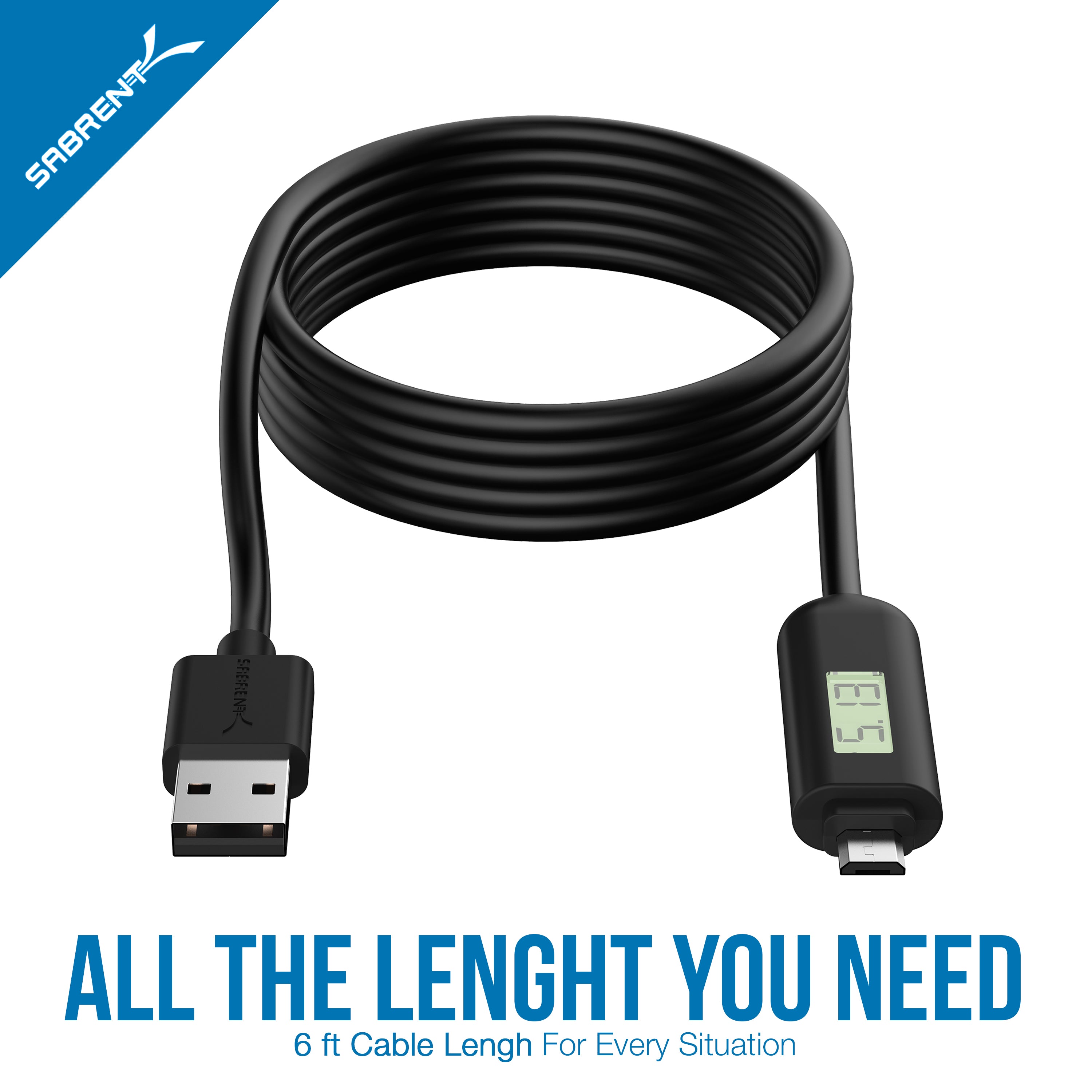 Micro USB cable with Voltage and Ampere Monitor (6 FT)