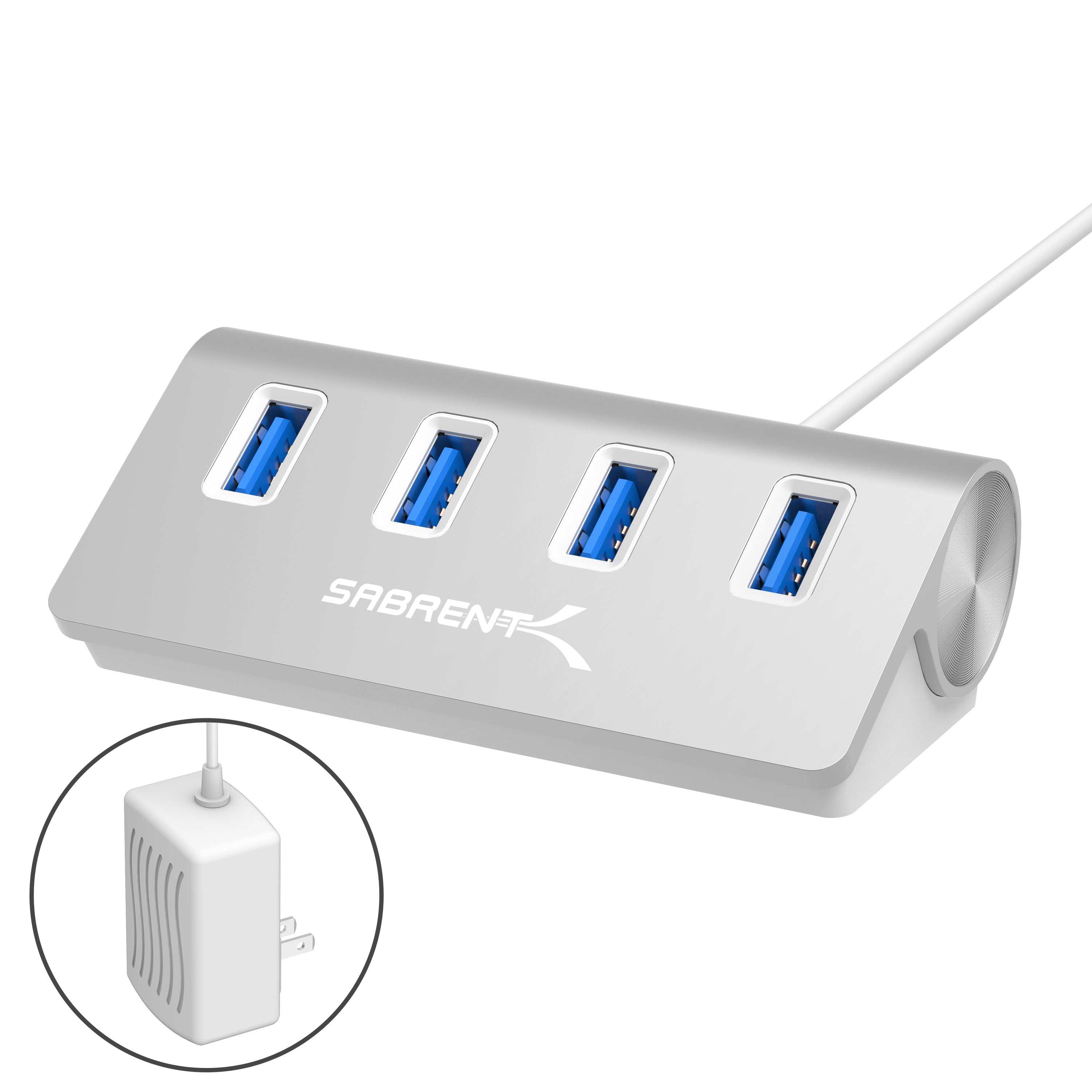 Premium 4 Port Aluminum USB 3.0 Hub (30" Cable) for iMac, MacBook, MacBook Pro, MacBook Air, Mac Mini, or Any PC [Silver] 5V/4A Power Adapter Included